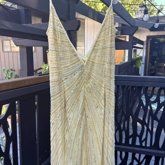 Mac Duggal Yellow Beaded Sequin Gown – Deep V Wrap Slit Formal Prom Dress NWOT - Picture 9 of 16